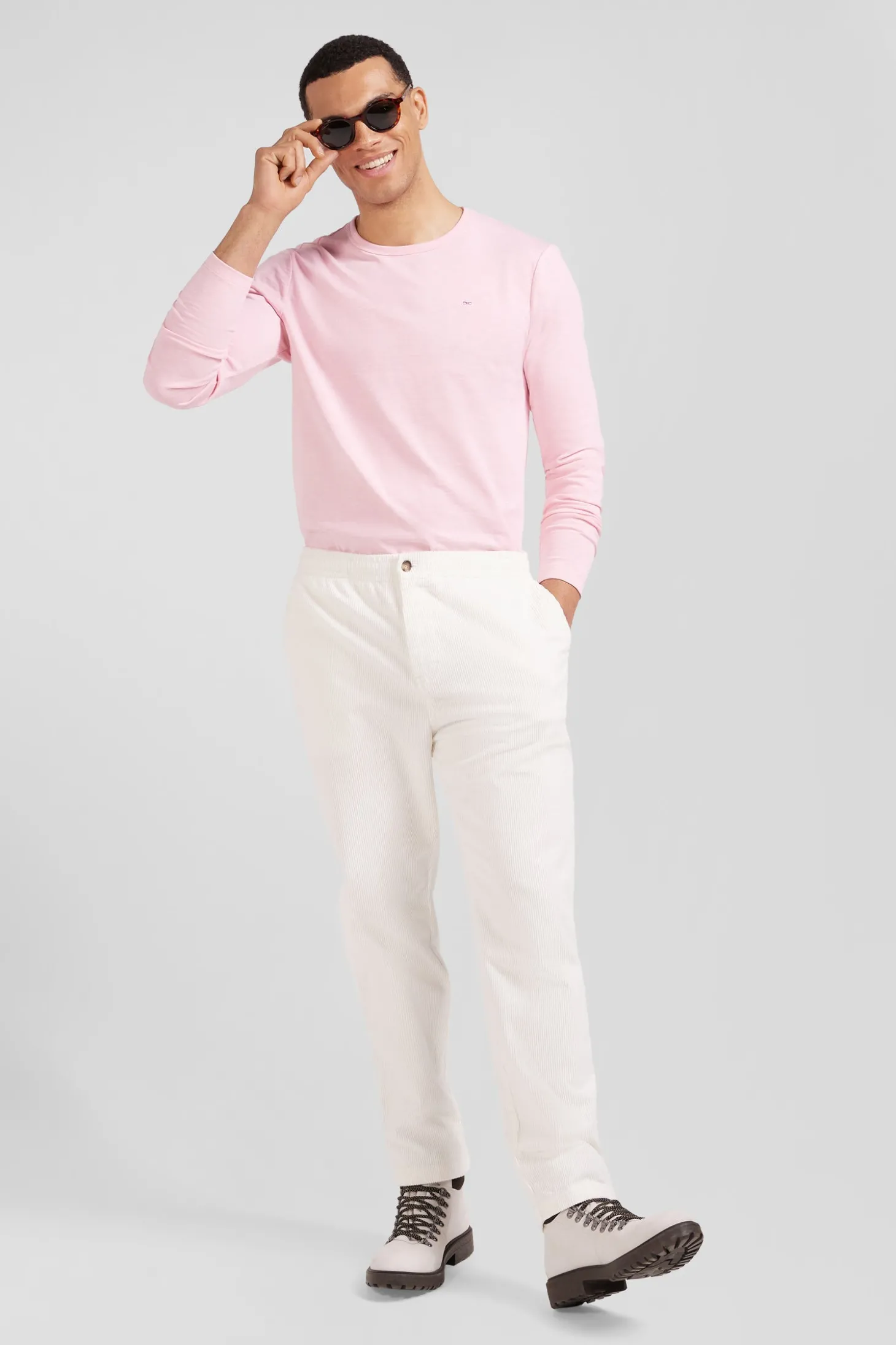 Modern ecru stretch cotton elastic waist trousers