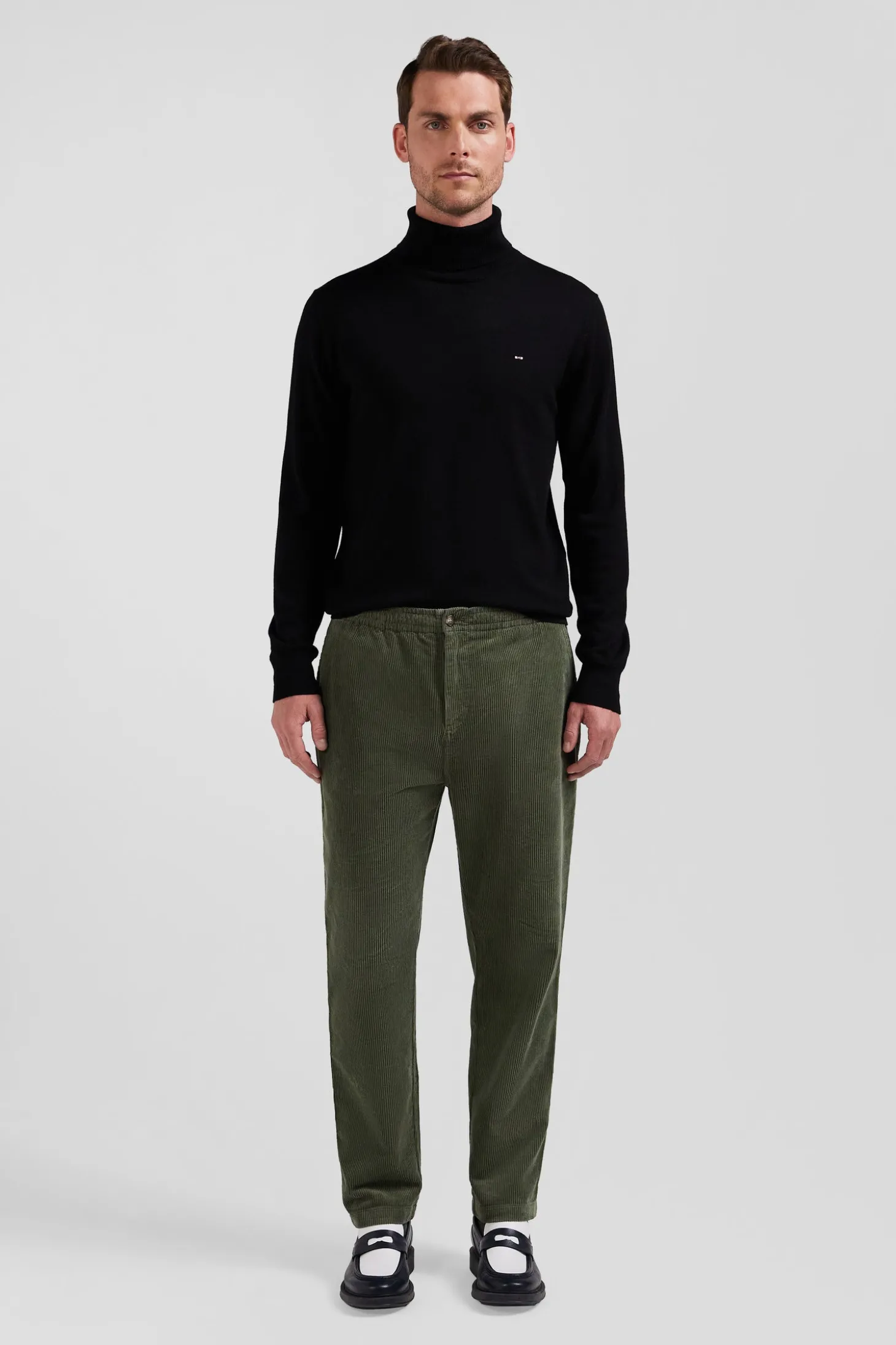 Modern khaki stretch cotton elastic waist trousers