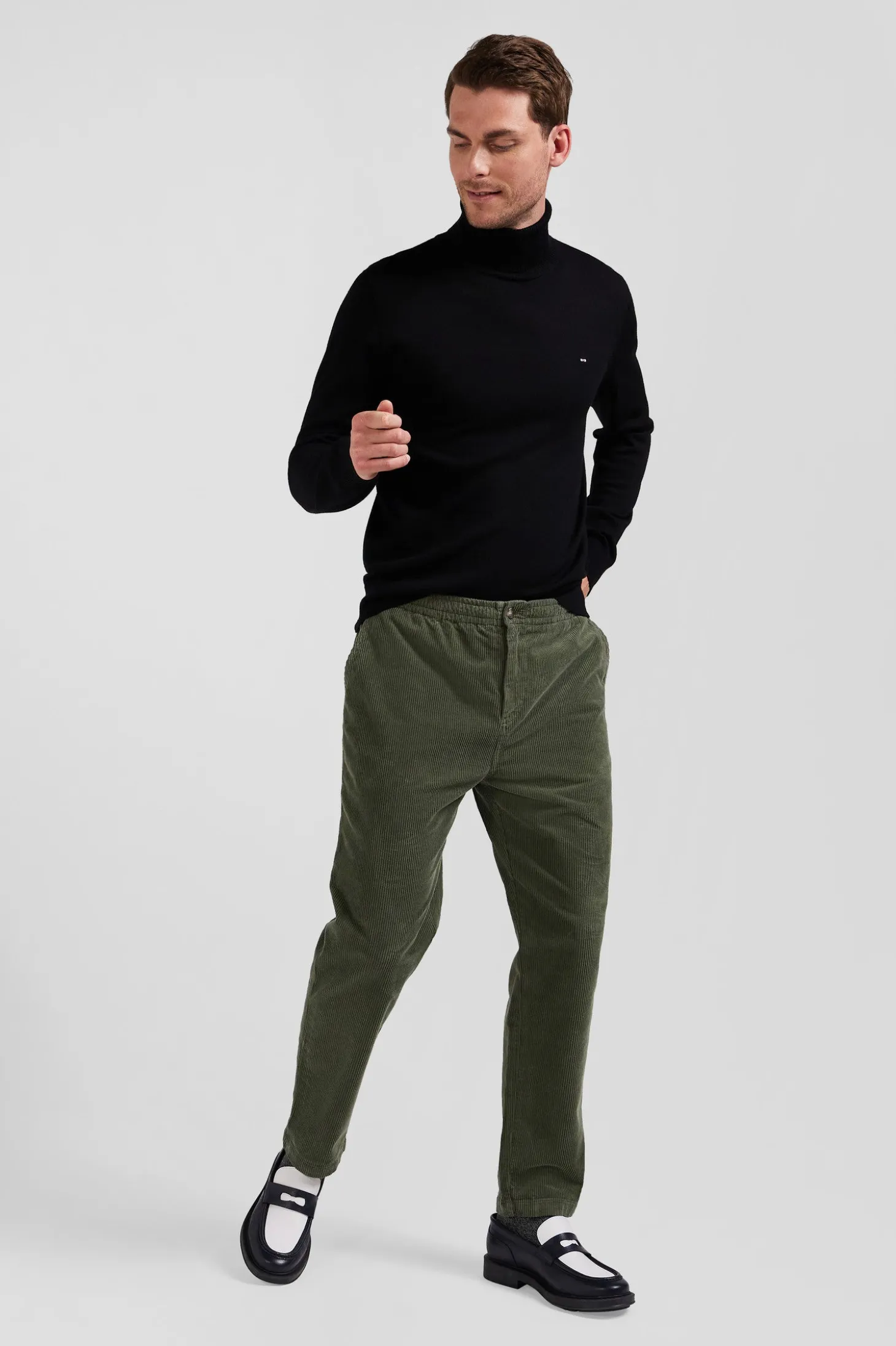 Modern khaki stretch cotton elastic waist trousers