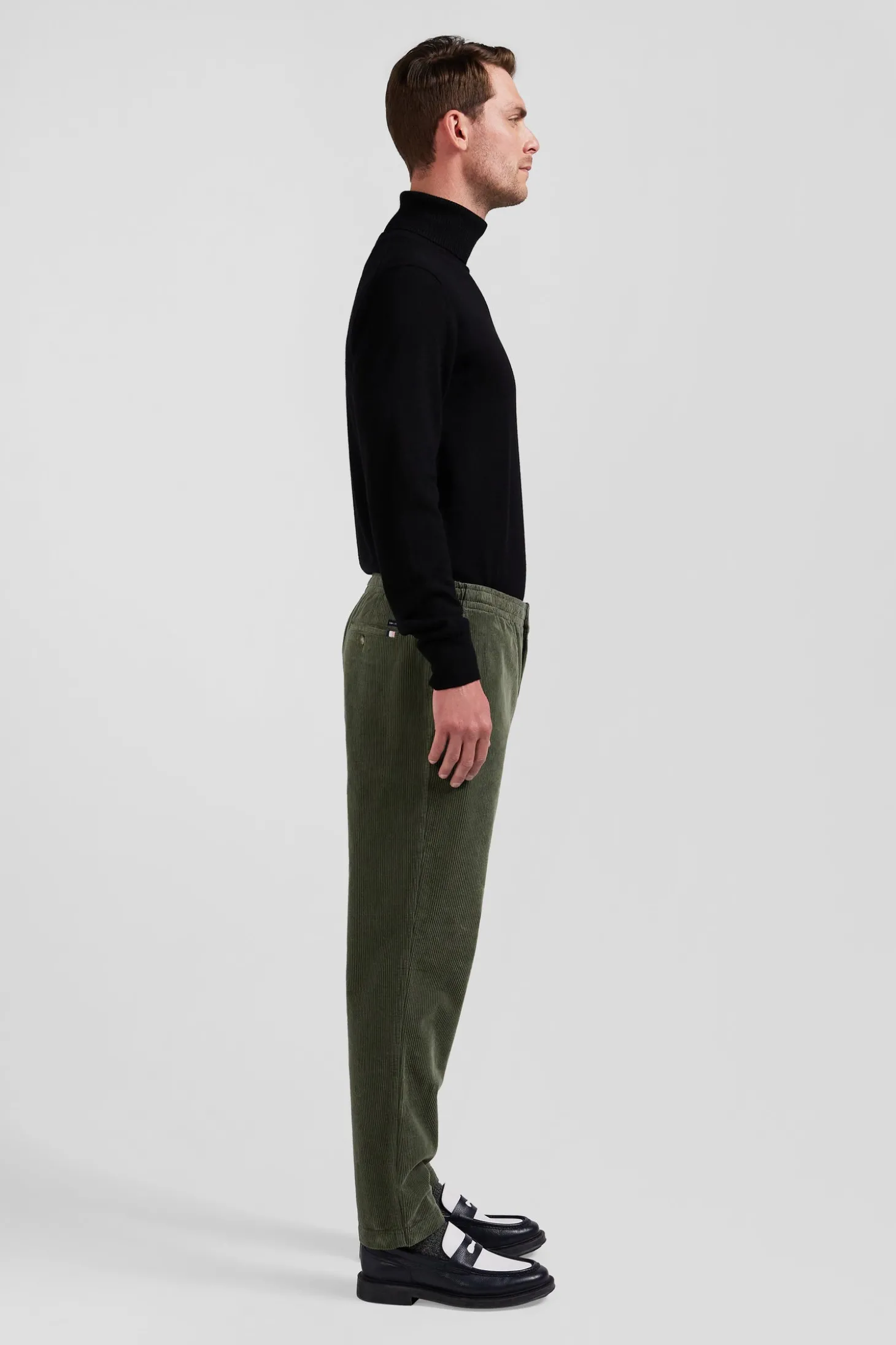 Modern khaki stretch cotton elastic waist trousers