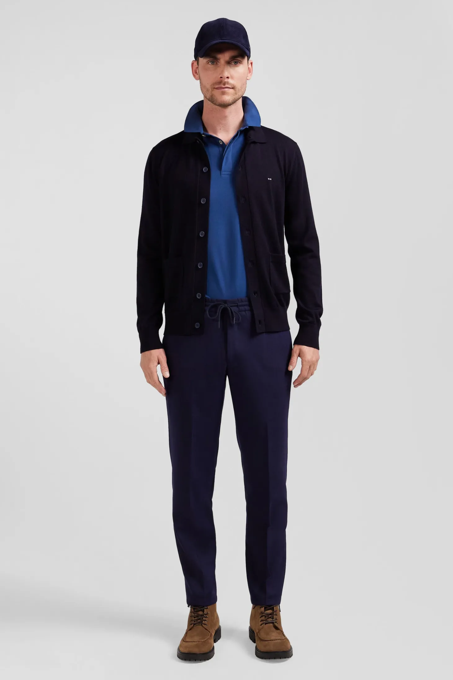Modern navy blue blended wool elastic waist trousers