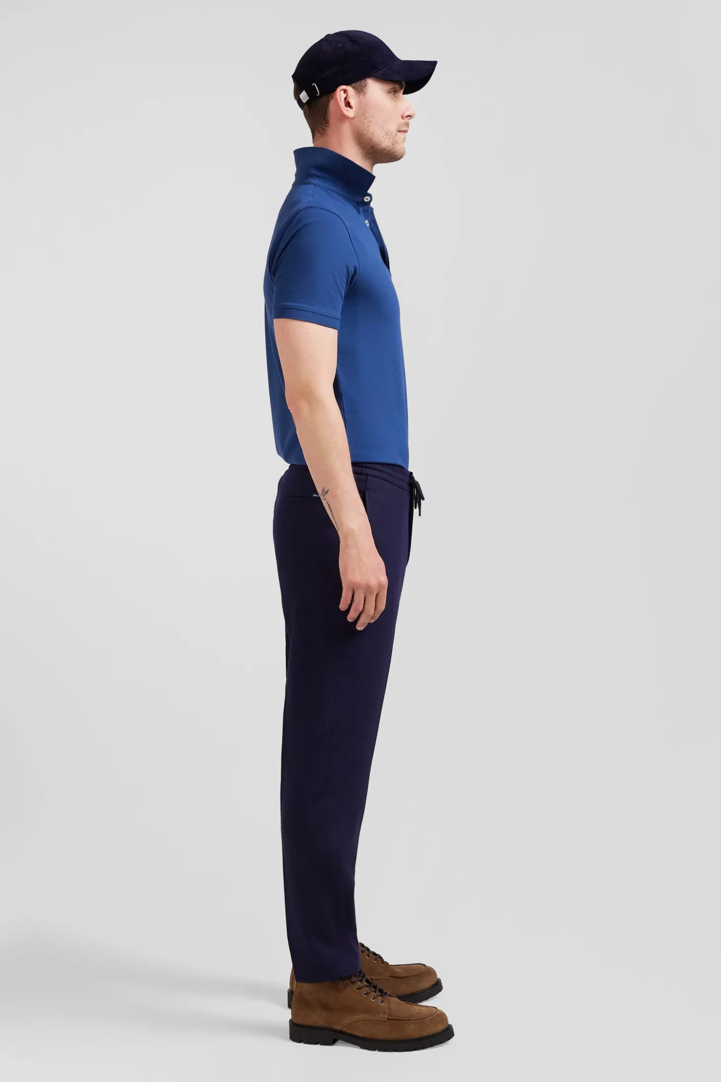 Modern navy blue blended wool elastic waist trousers