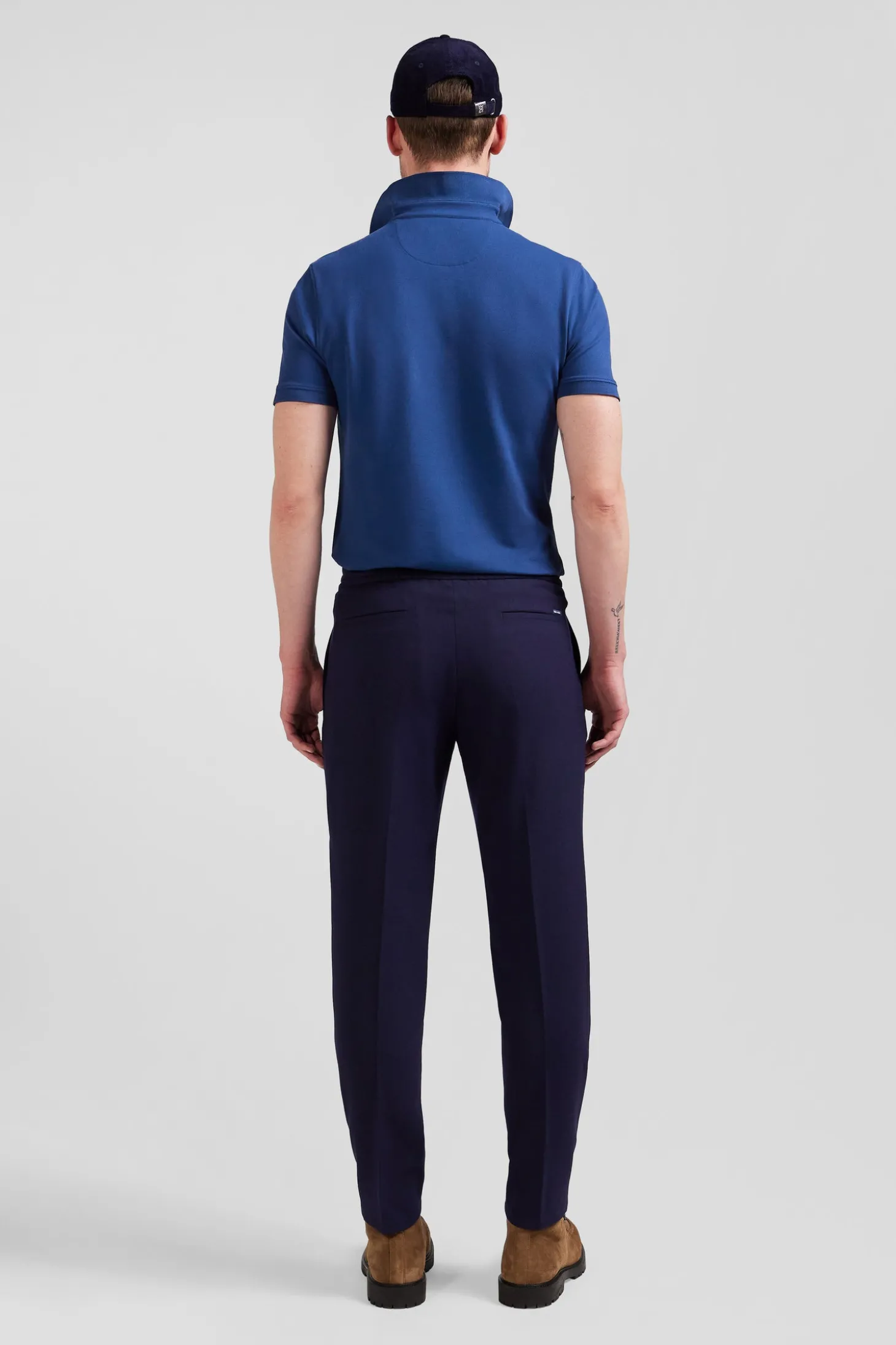 Modern navy blue blended wool elastic waist trousers