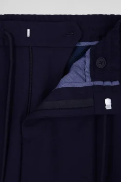 Modern navy blue blended wool elastic waist trousers