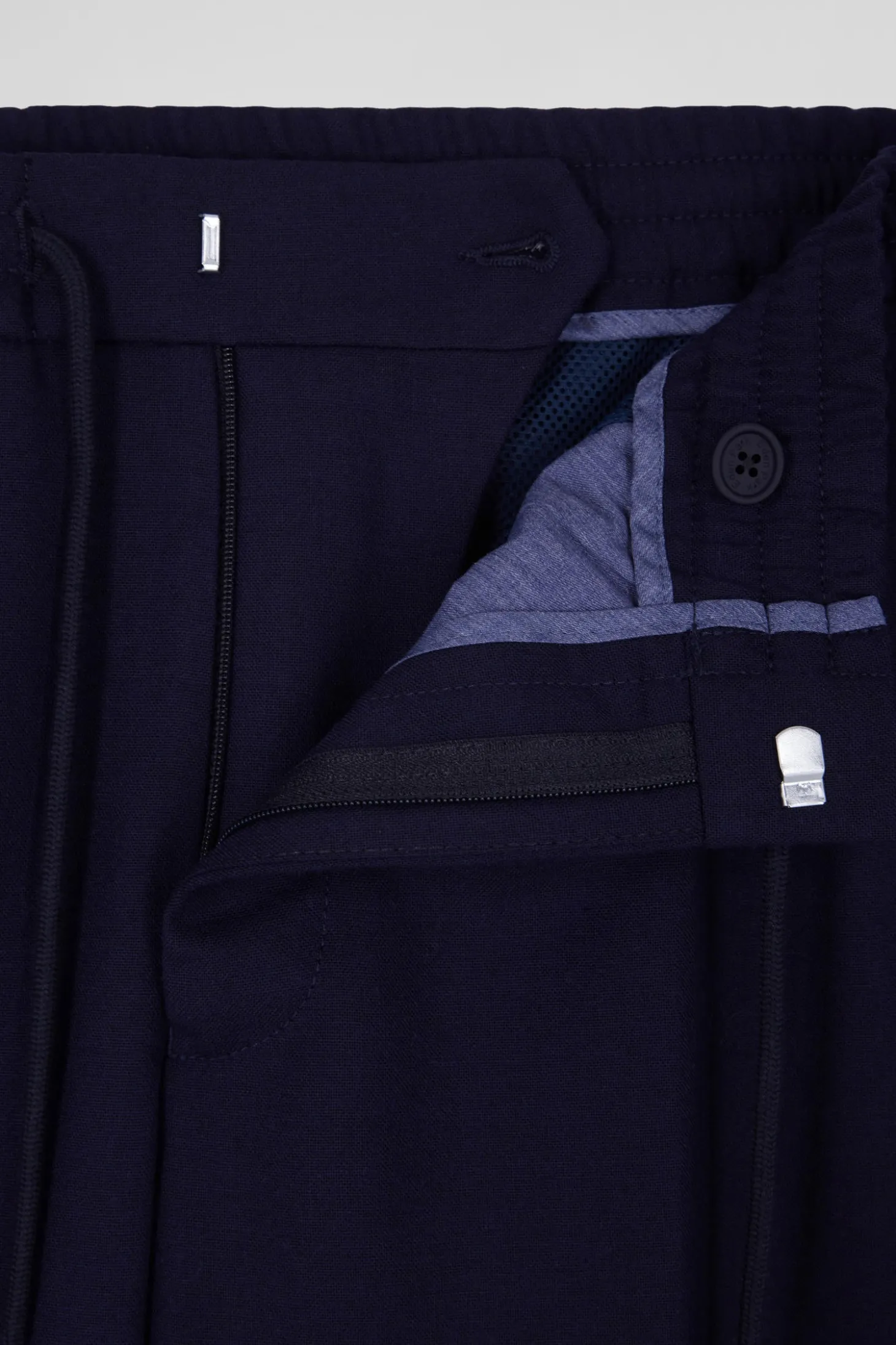 Modern navy blue blended wool elastic waist trousers