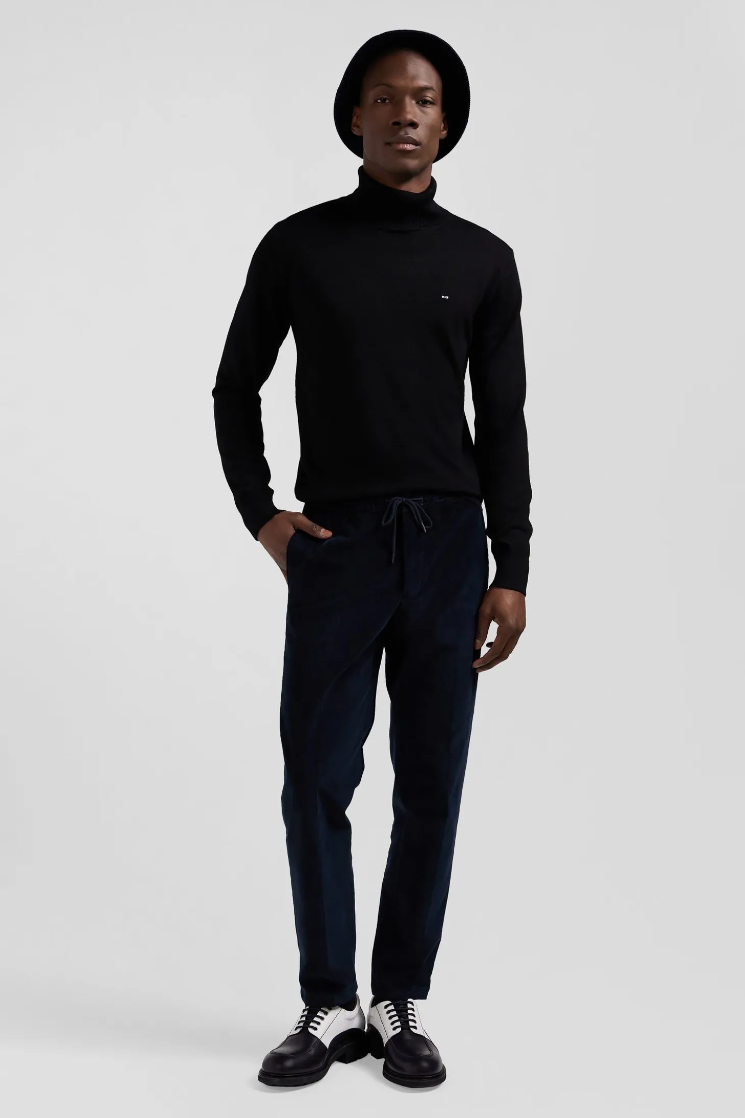 Modern navy blue elastic waist corduroy trousers