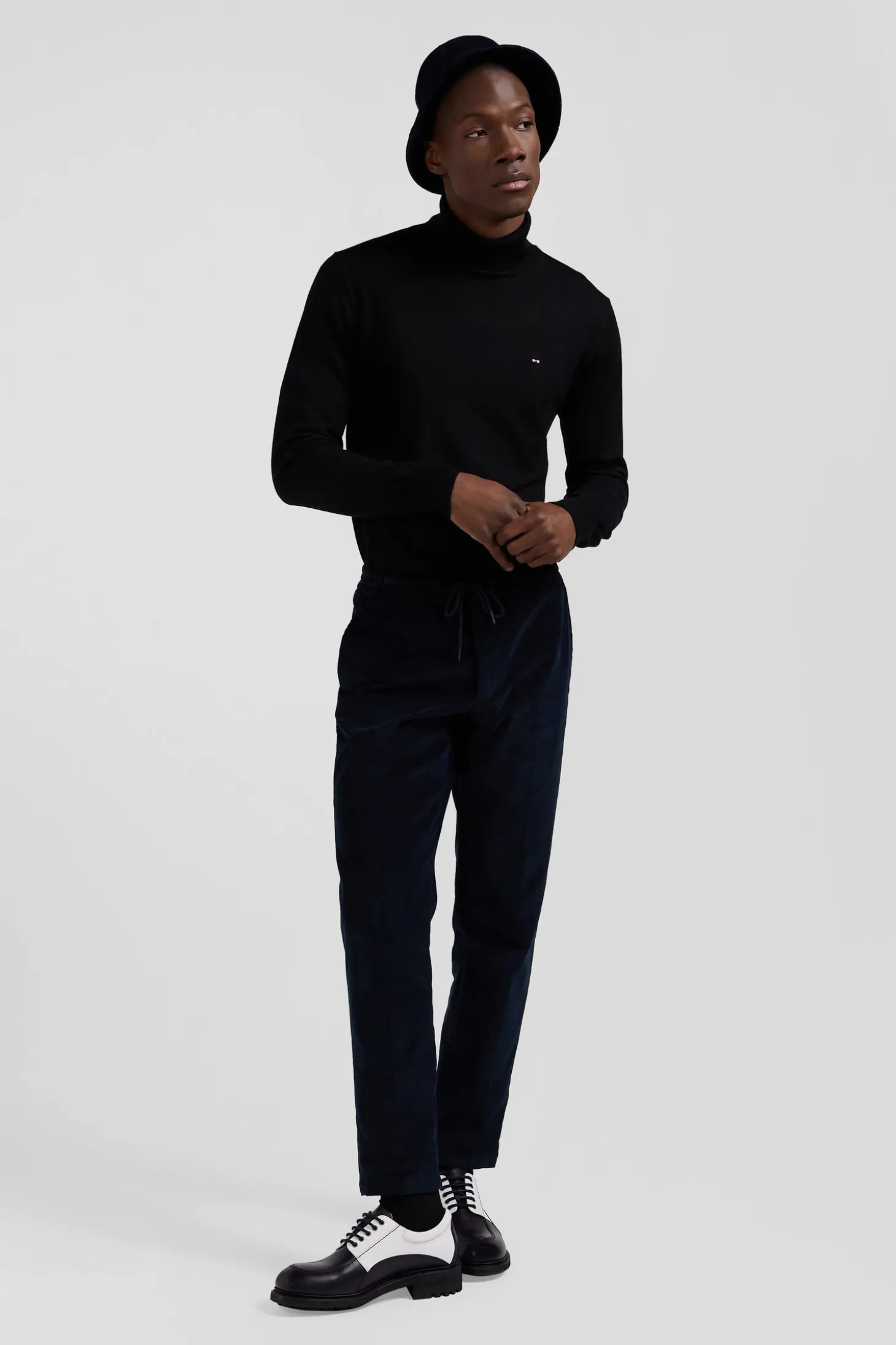 Modern navy blue elastic waist corduroy trousers