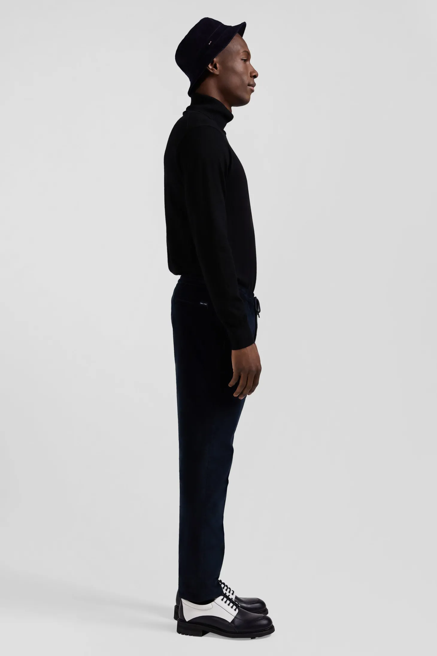 Modern navy blue elastic waist corduroy trousers