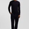 Modern navy blue stretch cotton elastic waist trousers