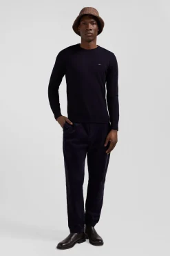 Modern navy blue stretch cotton elastic waist trousers