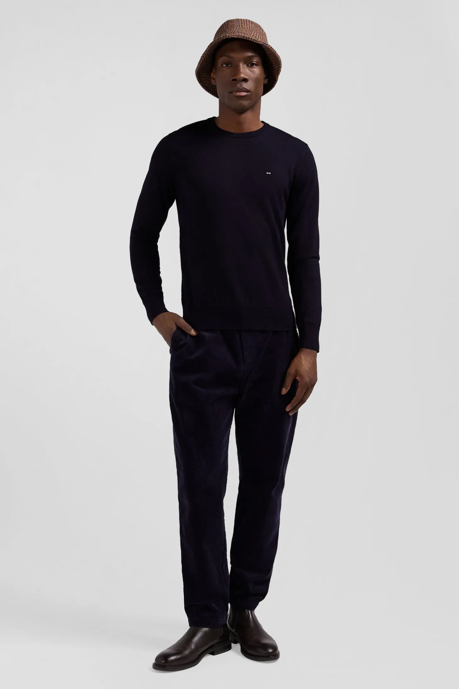 Modern navy blue stretch cotton elastic waist trousers