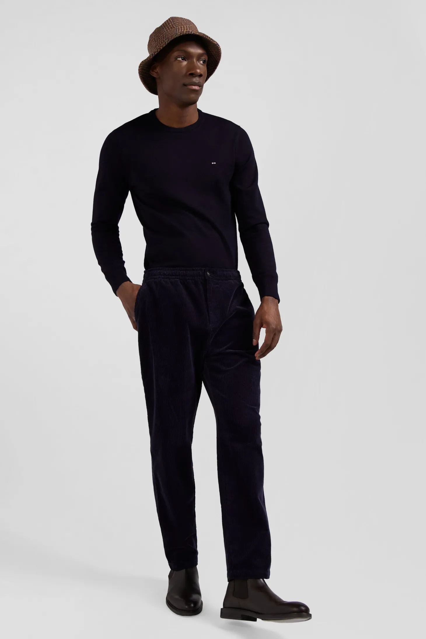 Modern navy blue stretch cotton elastic waist trousers