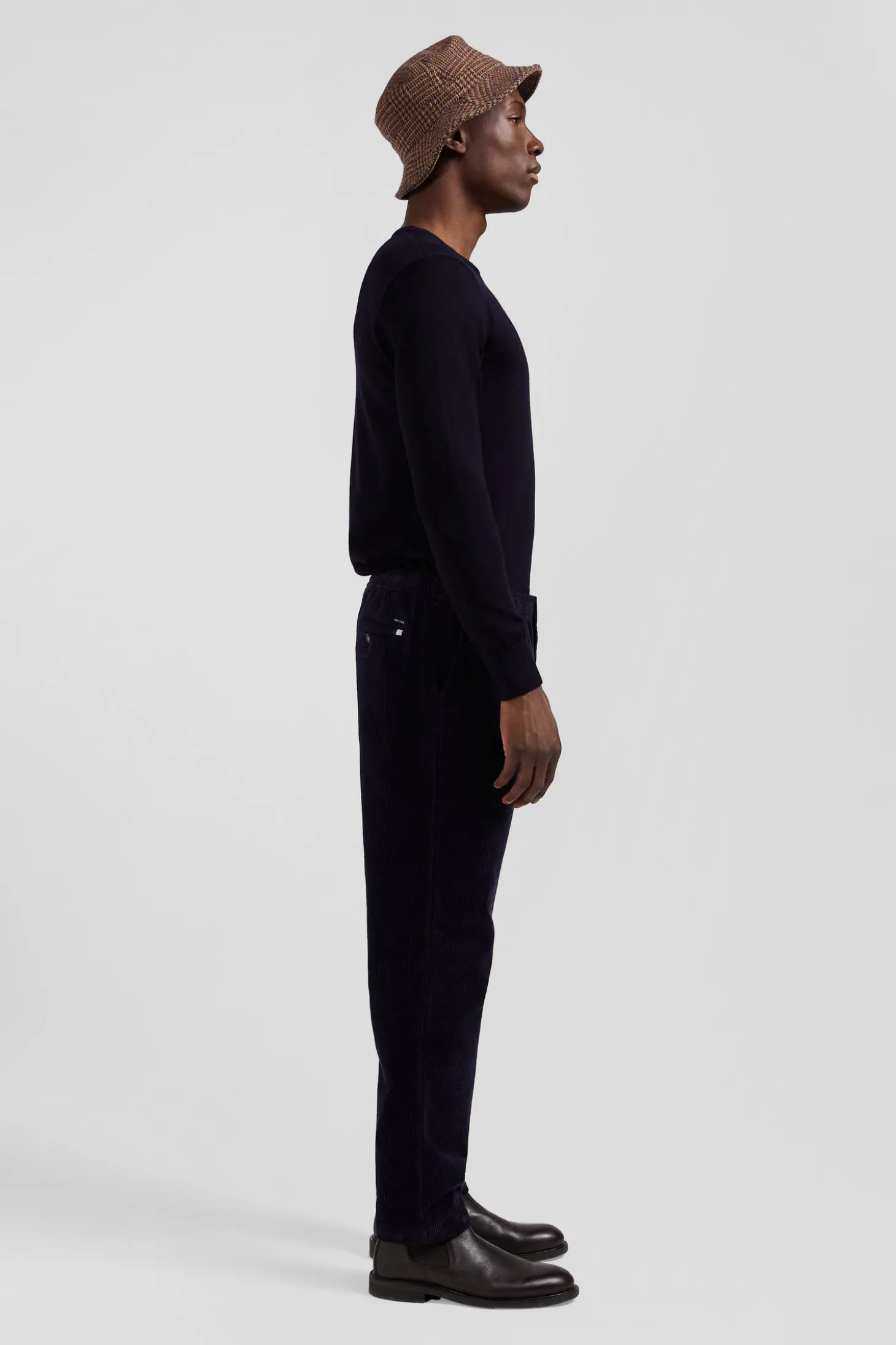Modern navy blue stretch cotton elastic waist trousers