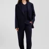 Modern navy blue striped wool trousers