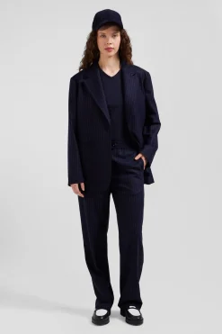 Modern navy blue striped wool trousers
