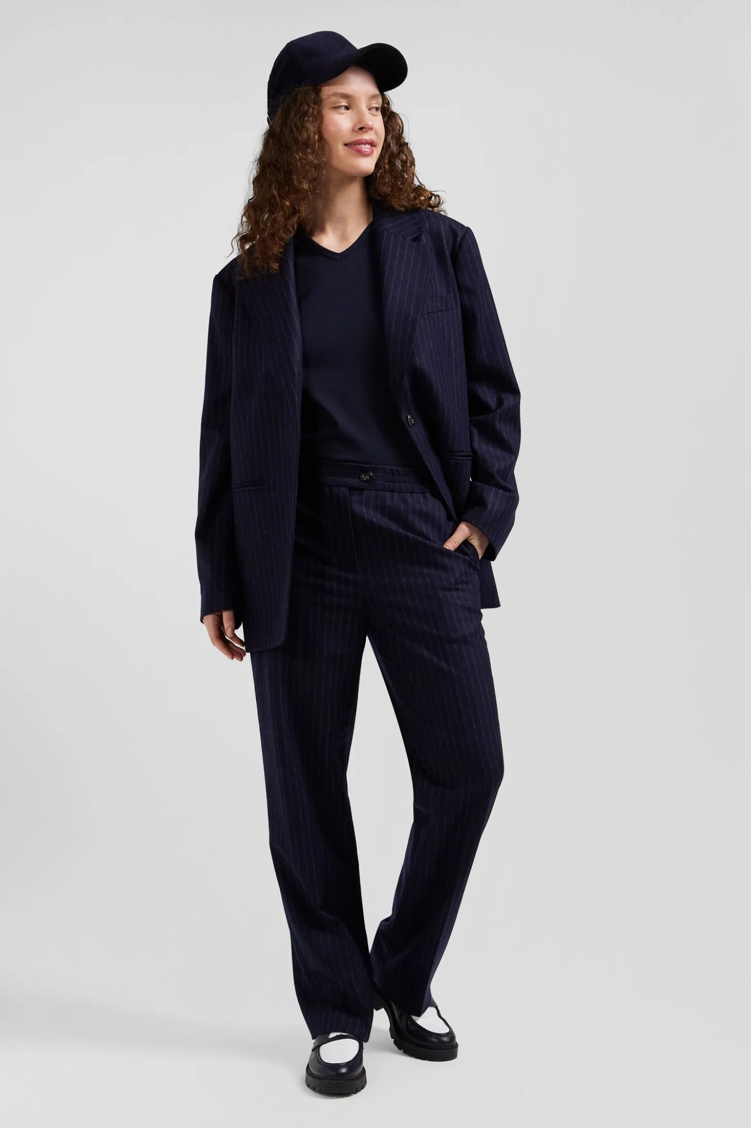 Modern navy blue striped wool trousers