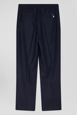 Modern navy blue striped wool trousers