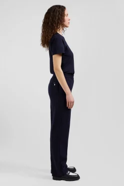 Modern navy blue striped wool trousers