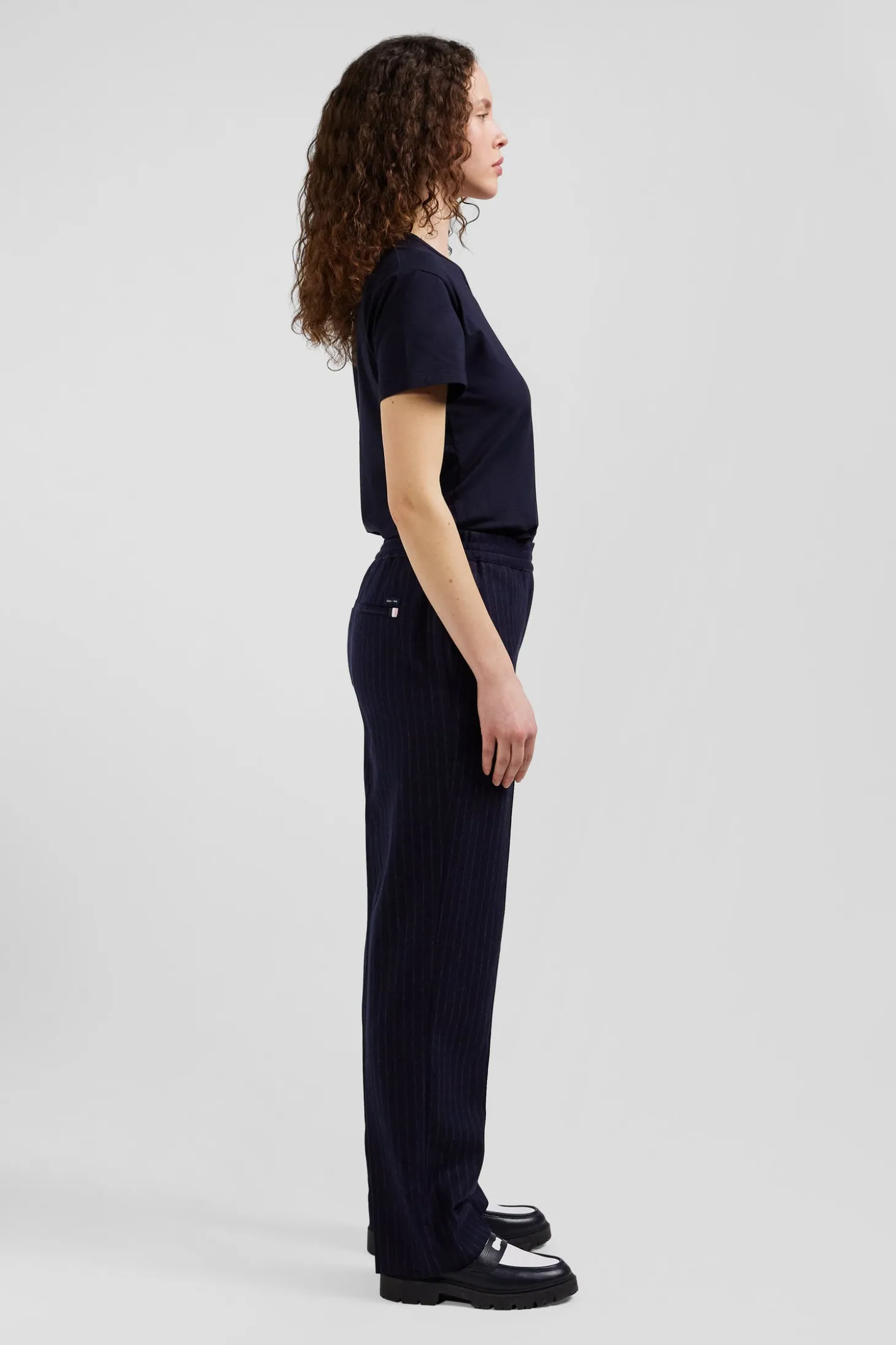 Modern navy blue striped wool trousers