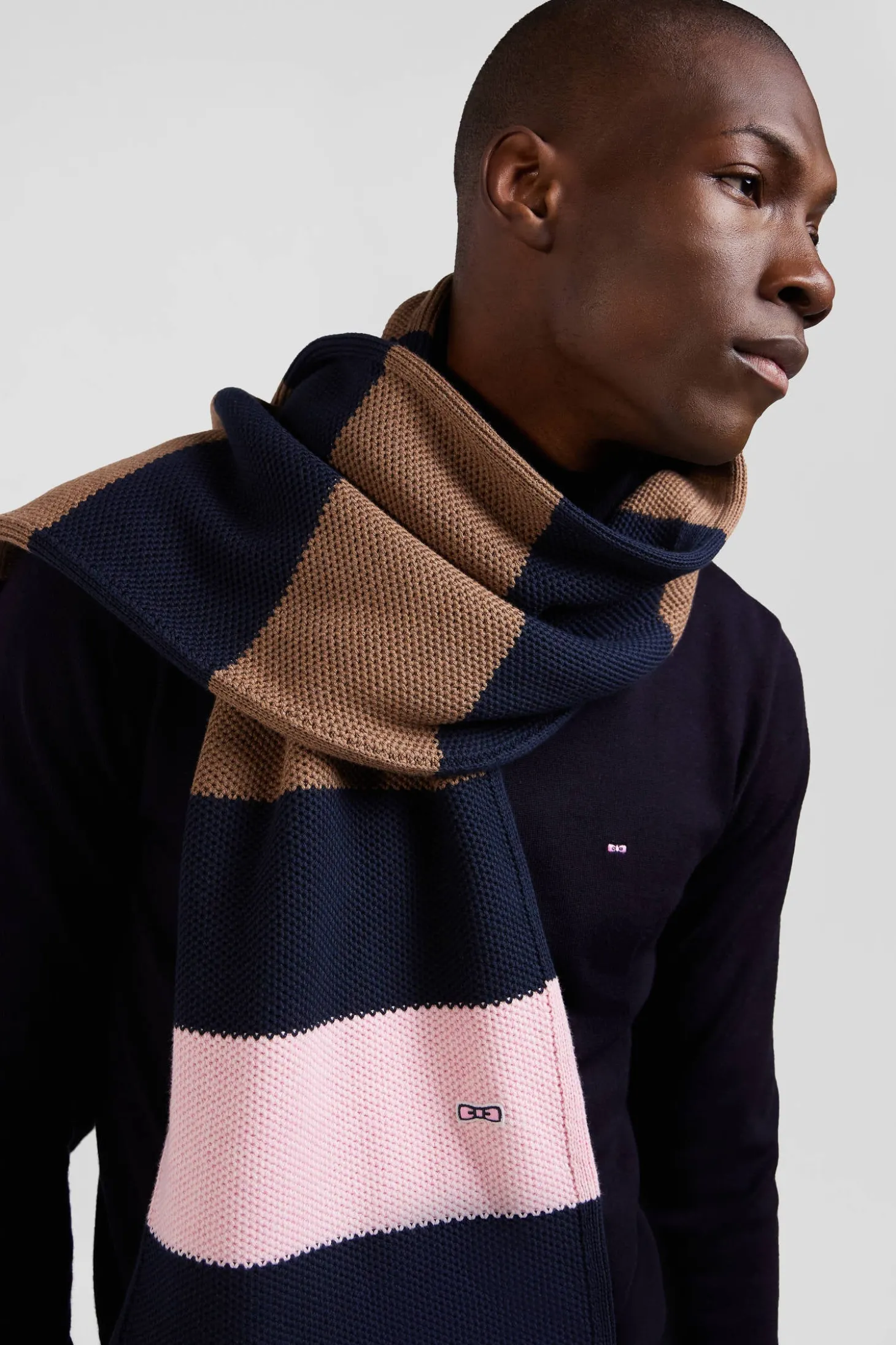 Navy and brown striped cotton scarf