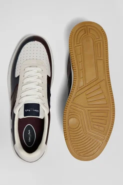 Navy blue and burgundy leather sneakers