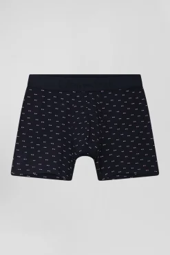 Navy blue and pink stretch cotton boxers with micro bow tie pattern