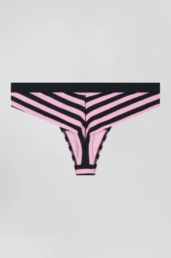 Navy blue and pink striped stretch cotton jersey thong