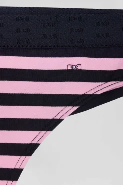 Navy blue and pink striped stretch cotton jersey thong