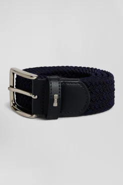 Navy blue braided belt with silver metal buckle