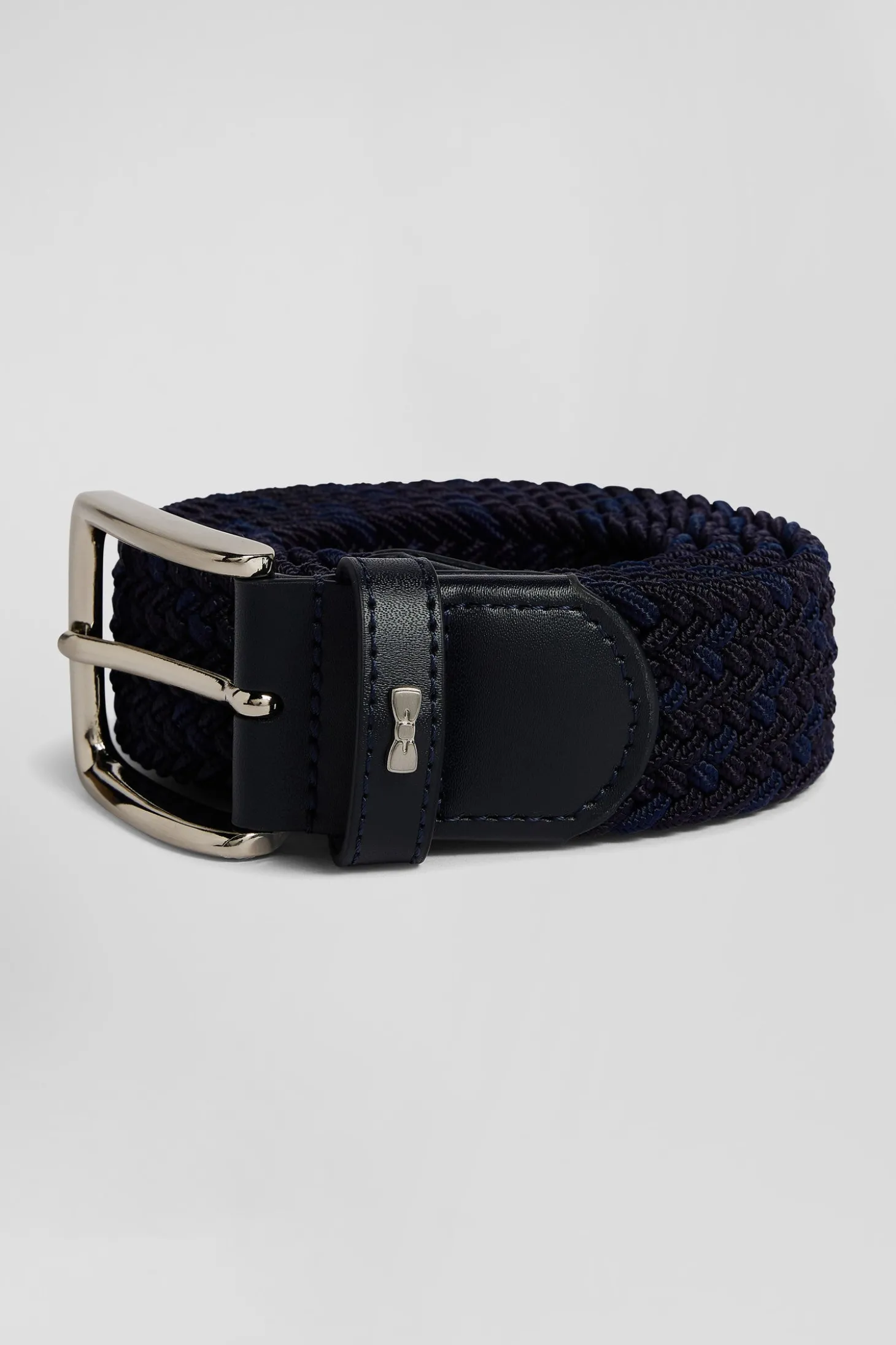 Navy blue braided belt with silver metal buckle