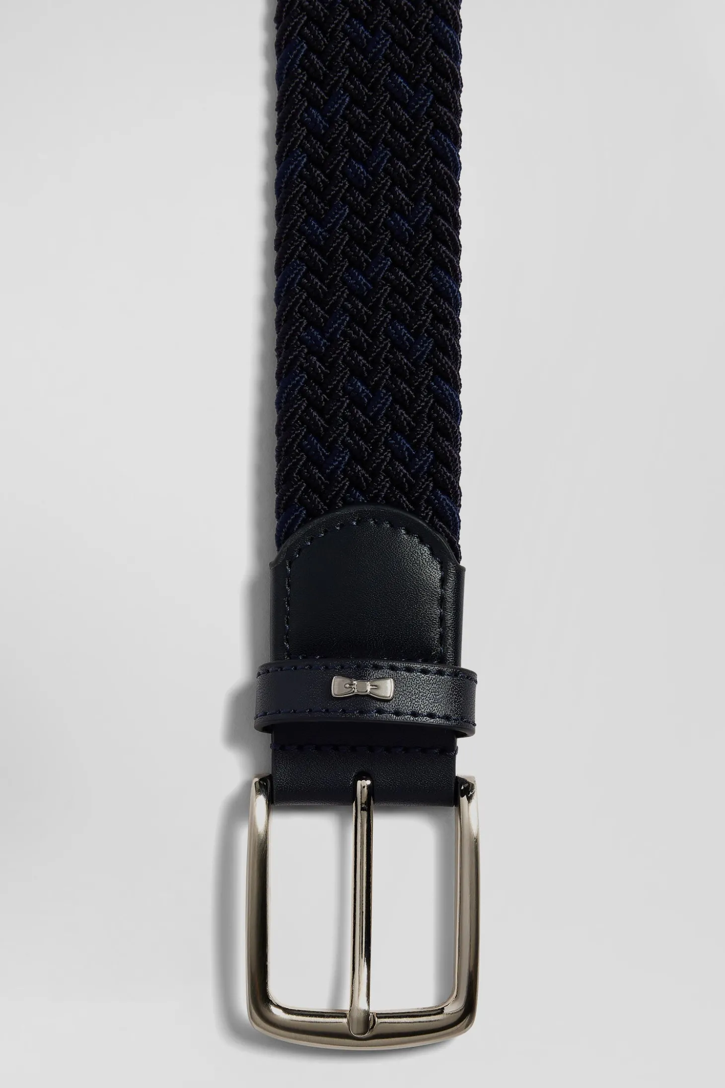Navy blue braided belt with silver metal buckle