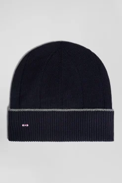Navy blue cotton and cashmere beanie with contrasting trim