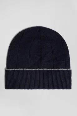 Navy blue cotton and cashmere beanie with contrasting trim