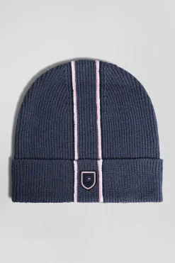 Navy blue cotton beanie with pink and white stripes