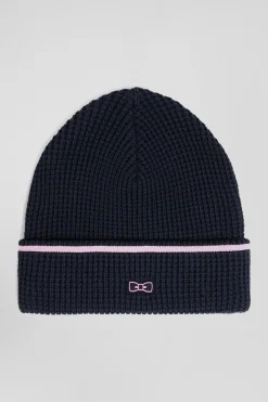 Navy blue cotton beanie with pink details