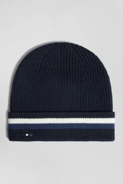 Navy blue cotton beanie with striped turn-up