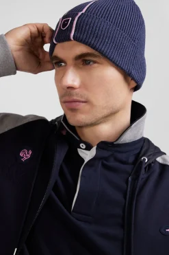 Navy blue cotton beanie with pink and white stripes