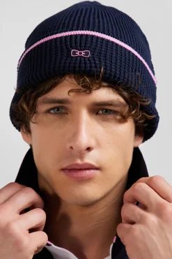 Navy blue cotton beanie with pink details