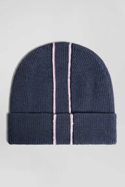 Navy blue cotton beanie with pink and white stripes