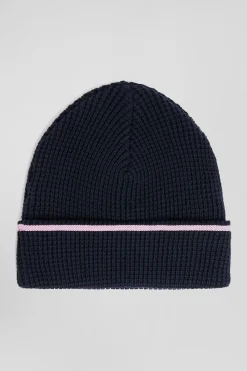Navy blue cotton beanie with pink details