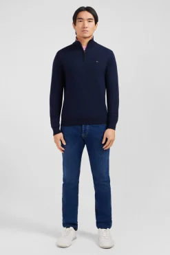 Navy blue cotton jersey jumper with trucker neck