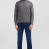 Navy blue cotton jersey jumper with trucker neck