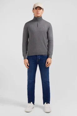 Navy blue cotton jersey jumper with trucker neck