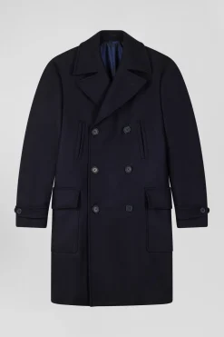 Navy blue double-breasted wool blend coat