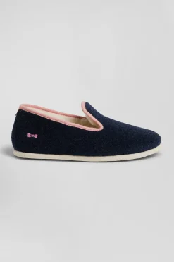 Navy blue felt and shearling slippers