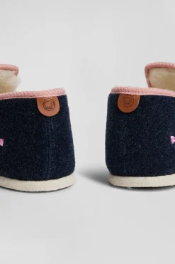 Navy blue felt and shearling slippers