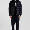 Navy blue flannel and nylon down jacket