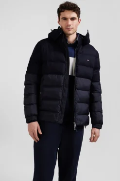 Navy blue flannel and nylon down jacket