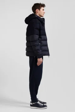 Navy blue flannel and nylon down jacket