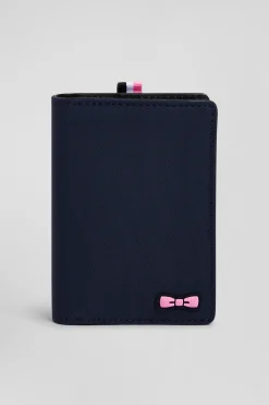 Navy blue French-style wallet with pink ribbon